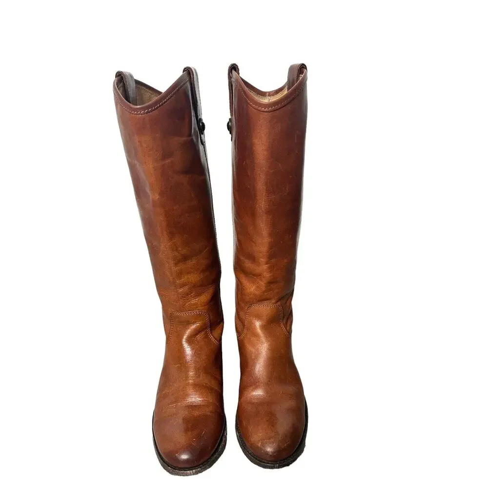 $298 Frye Melissa Button Cognac Riding Boot Brown Women Size 6.5 Tall Leather